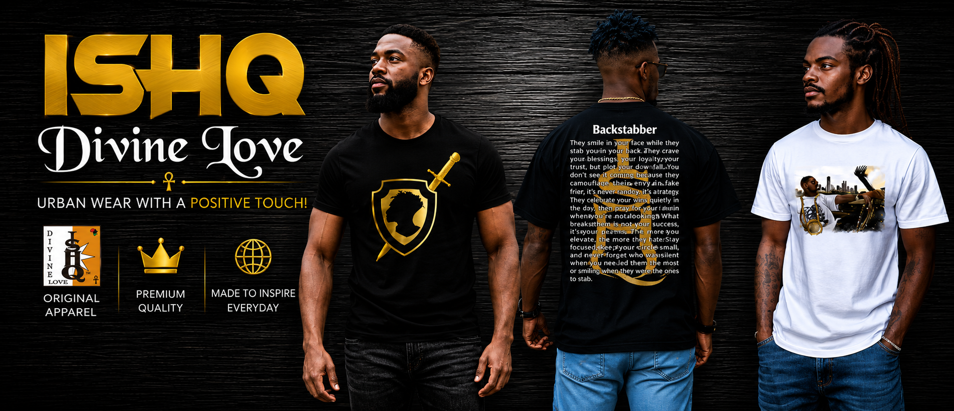 Wholesale urban graphic t-shirts featuring original artwork and inspirational poetry sold in 6-piece packs